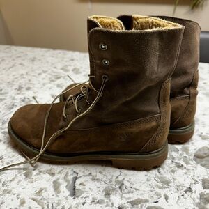 Timberland Womens Teddy Fleece Shearling  Brown Leather Lace Up Boots Size 9W
